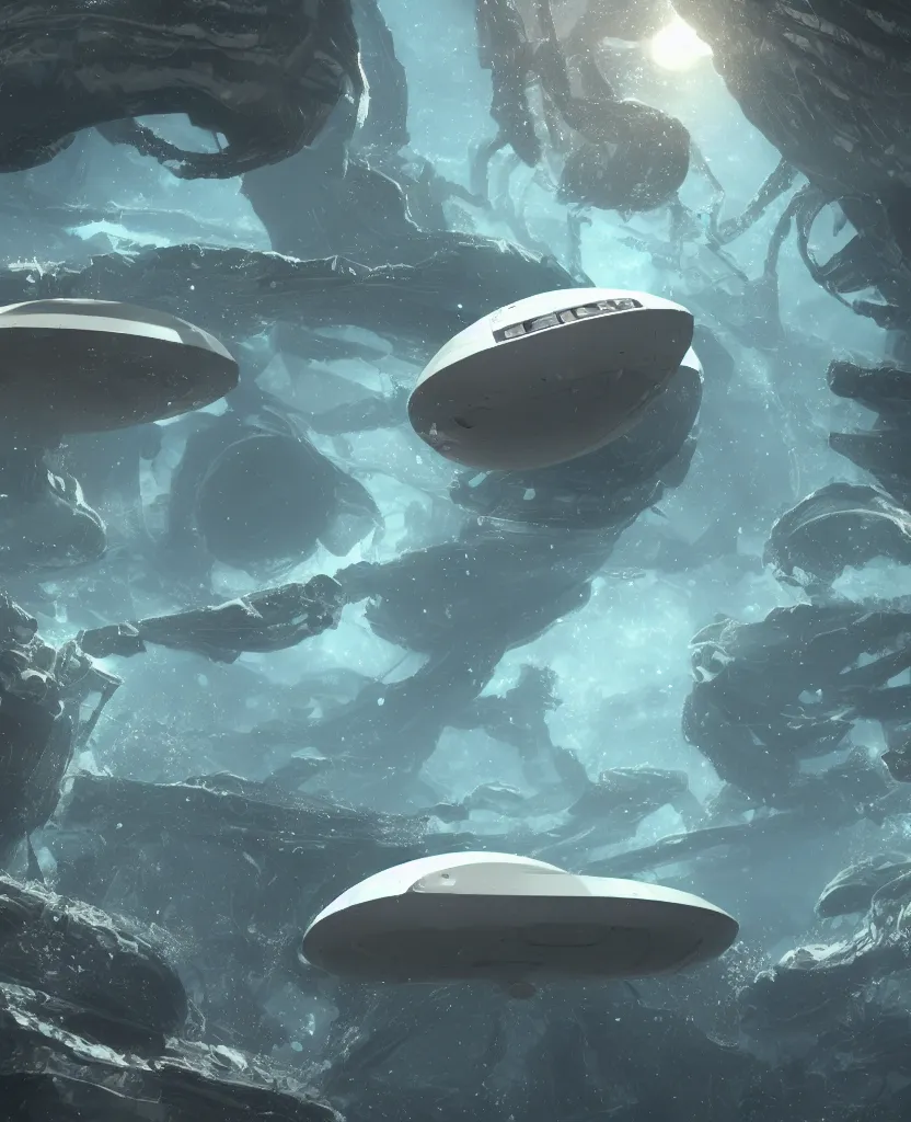 Image similar to white disc - shaped spacecraft submarine, fusion of subnautica and star trek, flying through a spectacular exotic underwater kelp forest canyon, schools of fish, in the style of john eaves ron walotsky ralph mcquarrie, soft natural volumetric lighting, realistic 4 k unreal engine 5 beautifully detailed render, 4 k post processing, trending on artstation