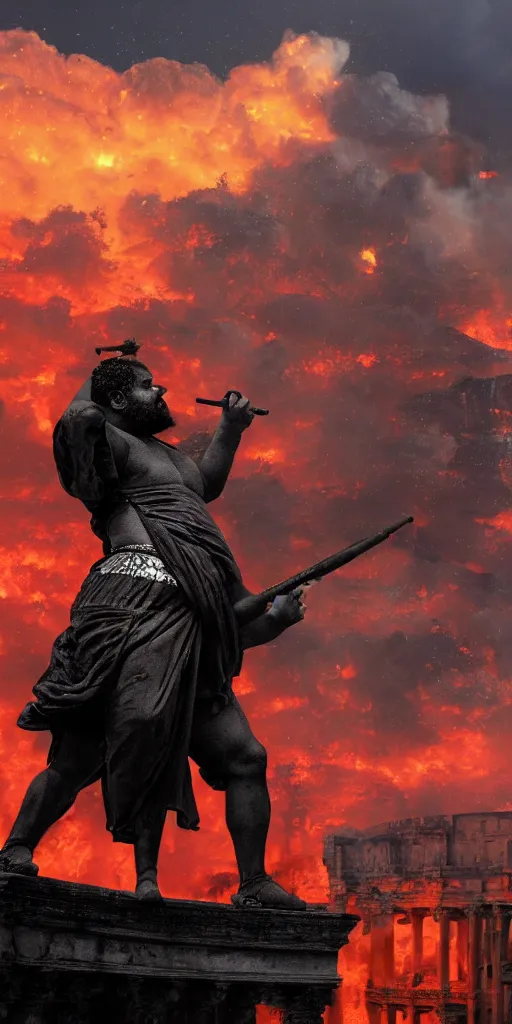 Image similar to black silhouette realistic painting of roman emperor nero as a dwarf playing the flute while roman structures are on fire in background, hyper realistic, 8 k resolution, roman amphitheater and skyline of ancient rome is on fire, red skies, smoke billows over the horizon, b 5 2 bombers dropping bombs on city as nero plays flute