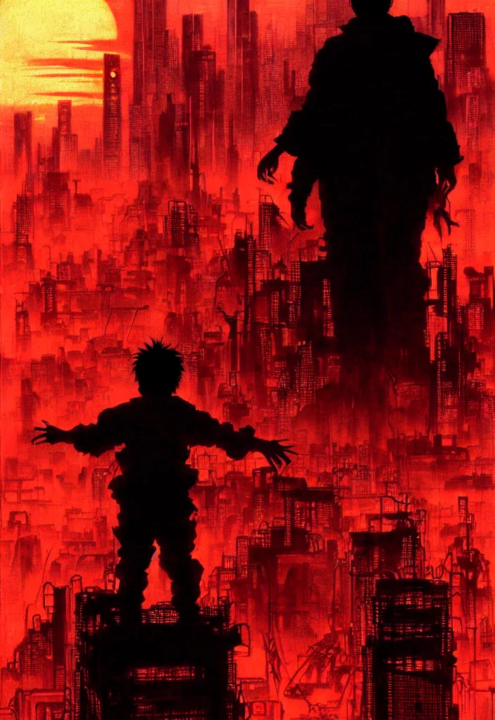 Image similar to tetsuo over neo - tokyo, silhouetted by a red sun | anime, matte painting, dystopian megacity neo - tokyo akira, shaded perfect, fine details. realistic shaded lighting anime manga artwork by katsuhiro otomo, akira, artgerm, jeremy lipkin and michael garmash and rob rey