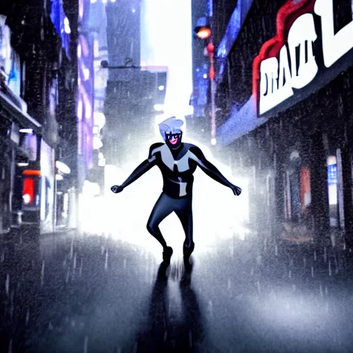 Prompt: cinematic shot of live action danny phantom at the climax of the film, cinematic lighting, super highly detailed, shot for imax, dark and gritty and raining in the city