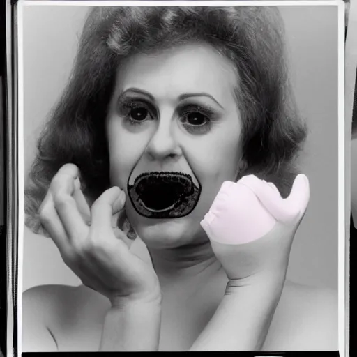Prompt: 1976 woman wearing an inflatable plastic mouth, soft color,wearing a leotard 1976 holding an anthropomorphic finger, color film 16mm Almodovar John Waters Russ Meyer Doris Wishman old photo