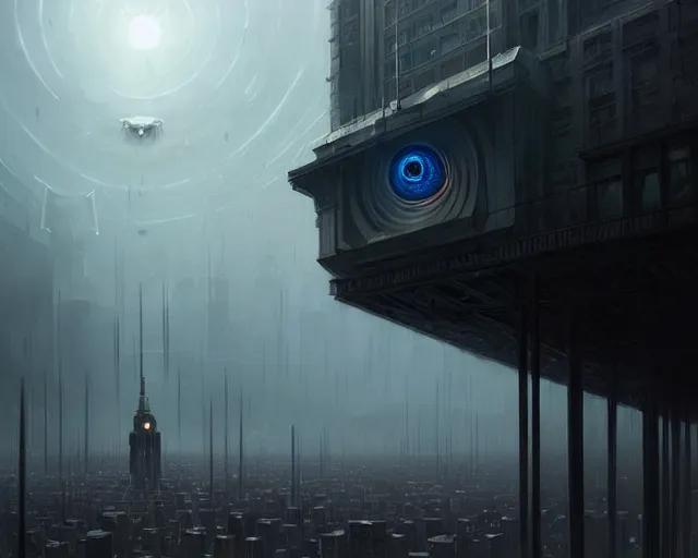 Prompt: 'The Great Eye Watches All', a digital painting of a great city being watched over by an all-seeing malevolent AI, a sci-fi digital painting by Greg Rutkowski and James Gurney, trending on Artstation, foreboding atmosphere, highly detailed