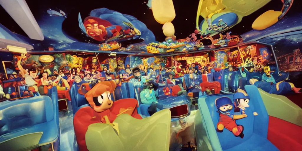 Image similar to 1990s photo of inside the Space Sofa ride at Universal Studios in Orlando, Florida, riding the flying sofa through space , cinematic, UHD