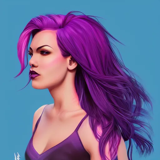 Image similar to a stunning upper body portrait of a beautiful woman with ombre purple and pink hair blowing in the wind by marvel comics, digital art, trending on artstation