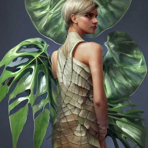 Prompt: monstera leaf themed clothing, fully clothed, volumetric lighting, D&D, fantasy, intricate, cinematic lighting, highly detailed, digital painting, artstation, concept art, smooth, sharp focus, illustration, art by Artgerm and Greg Rutkowski and Alphonse Mucha