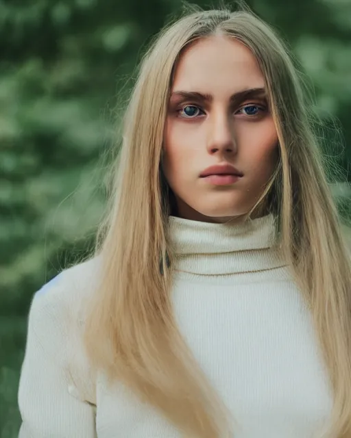 Image similar to girl with [ long beige hair, white skin, wearing a turtle neck ], 4 k photorealism, full face view, trending on unsplash