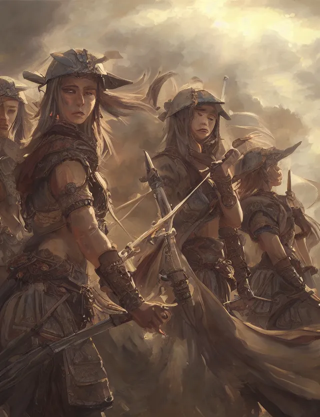 Image similar to the order of sisters of war. this oil painting by the award - winning mangaka has cinematic lighting, a contrasting color scheme and intricate details.