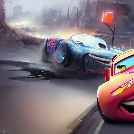 Image similar to lightning mcqueen crash in heavily by greg rutkowski