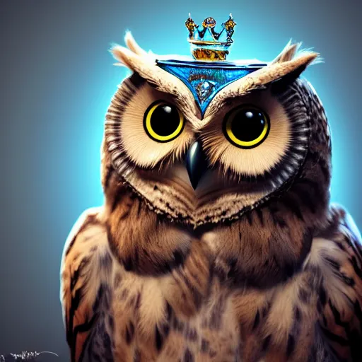 Prompt: cute owl, charactor, with big blue eyes, gothic, with a crown on his head, magical, warrior, hyper detailed, stylistic, symmetrical, 3 d render, photorealitic, 8 k, octane render