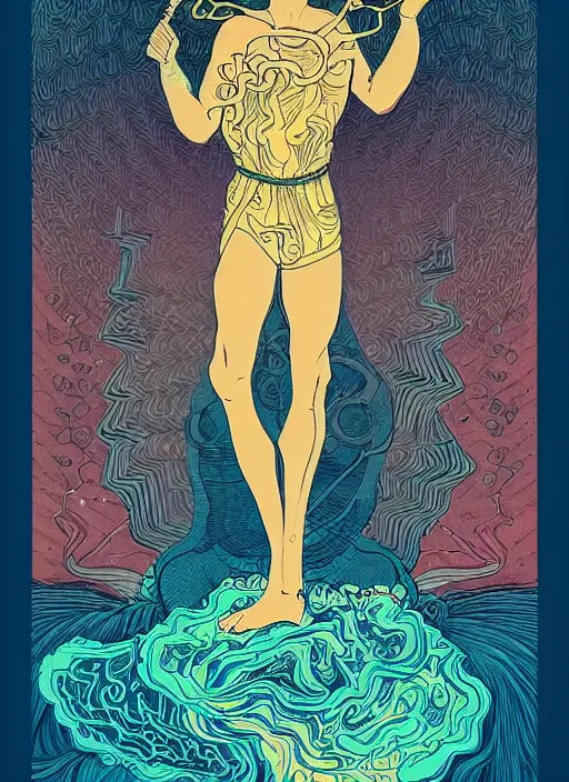 Image similar to beautiful tarot illustration of apollo, in the style of james jean and victo ngai, mystical colors, trending on artstation