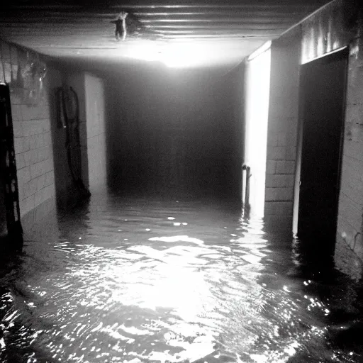 Prompt: a flooded creepy empty basement hallway with a skinwalker, craigslist photo