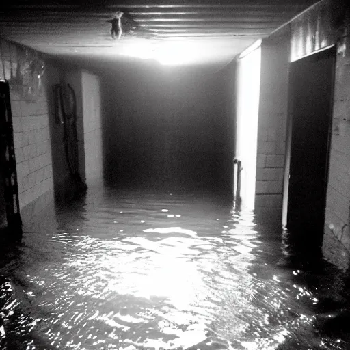 Image similar to a flooded creepy empty basement hallway with a skinwalker, craigslist photo