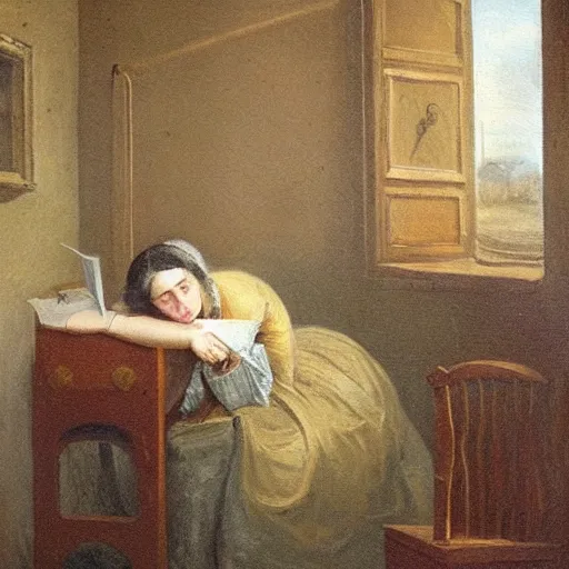 Prompt: painting of a frustrated writer in her room, 18th century, writers block, hands in hair, desperately looking for inspiration