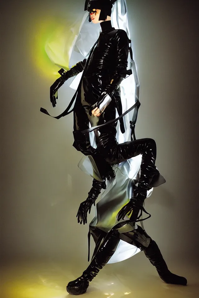 Prompt: androgynous ninja in rocker tunic made of latex, radio goggles, techwear, iridiscent fabric, cinematic lighting at night, iridiscent light, wet floors, neon, syd mead, tim walker, bill sienckiwicz, masterpiece