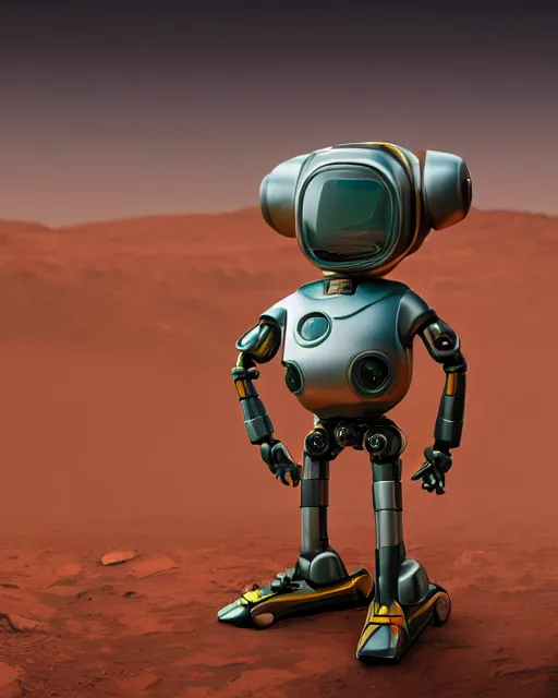 Image similar to high quality presentation photo of cute alien robots on mars, photography 4k, full body, f1.8 anamorphic, bokeh, 4k, Canon, Nikon