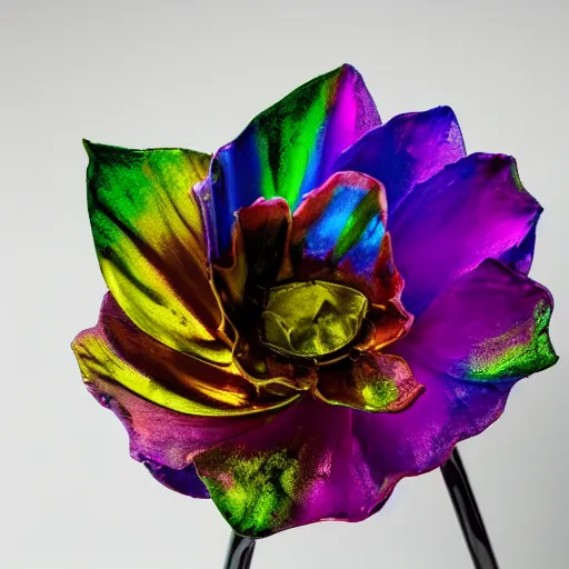 Prompt: An ultra high definition studio photograph of a ((((((decomposing)))))) alien flower that is wilting in a simple vase on a plinth. The flower is multicoloured iridescent. High contrast, key light, 70mm.