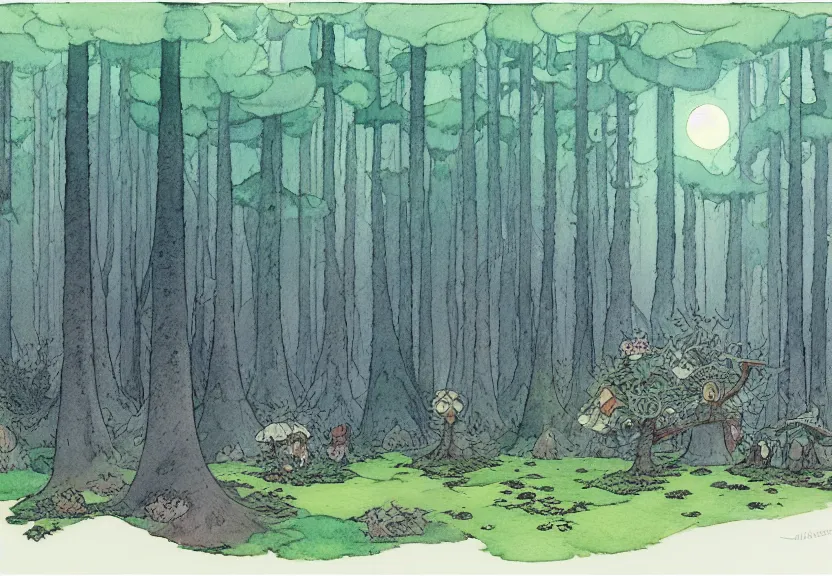 Image similar to a simple watercolor fantasy concept art of a giant dark grey cube floating in a forest clearing at night. by studio ghibli, rebecca guay, michael kaluta, charles vess