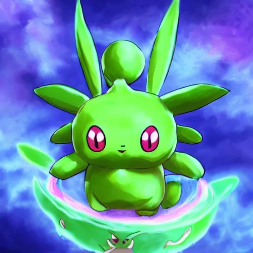 Prompt: shiny Hoppip pokemon floating in the air in a surrealistic fantasy world, pokemon, anime, digital art, nintendo