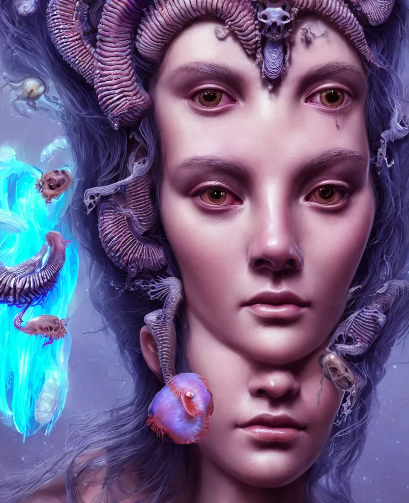 Image similar to goddess close-up portrait of princess face and ram skull. eyes. jellyfish phoenix head, nautilus, orchid, skull, betta fish, bioluminiscent creatures, intricate artwork by Tooth Wu and wlop and beeple. octane render, trending on artstation, greg rutkowski very coherent symmetrical artwork. cinematic, hyper realism, high detail, octane render, 8k