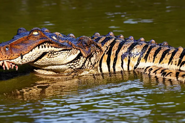 Image similar to an alligator tiger!!! hybrid! hyper realistic!! realistic lighting!! wildlife photographer of the year!!! bold natural colors, national geographic, hd, wide angle, 8 k