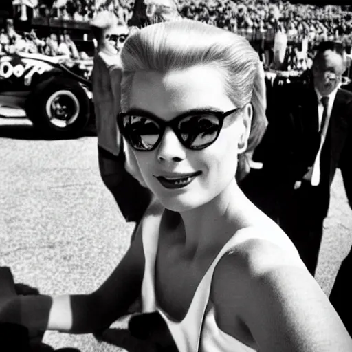 Image similar to selfie smartphone photo of a young Grace Kelly at the Monaco Gran Prix, F1 cars blurred in background, iphone photo, smartphone resolution, trending on instagram, influencer photography