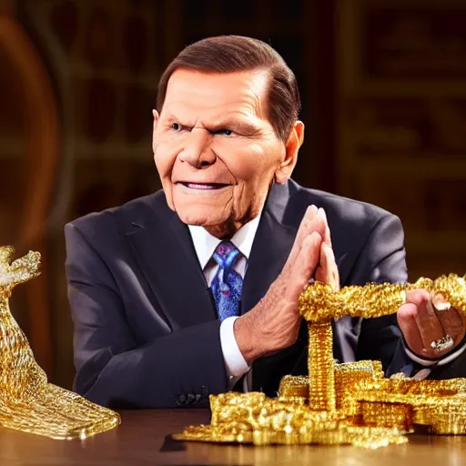 Image similar to kenneth copeland on his knees praying, surrounded by gold and money