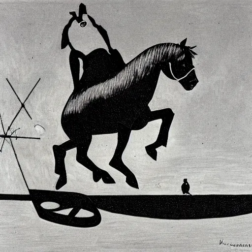 Image similar to horse flying over an austronaut that stays on the ground. by kazimir malevich