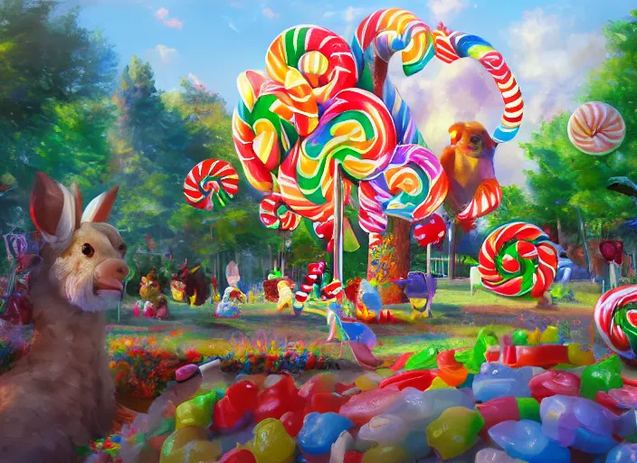 Image similar to candy zoo park for a game candy themed, top angle, oil painting by jama jurabaev, extremely detailed, brush hard, artstation, for aaa game, high quality, brush stroke