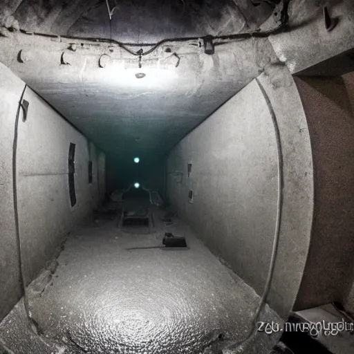 Image similar to the interior of a partially flooded missile silo, dark, scary lighting, scary, creepy, eerie, horror, submechanophobia, submerged machinery, photo,