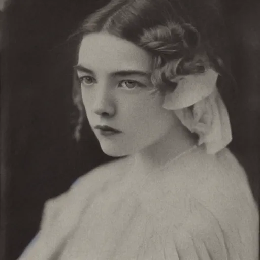 Image similar to headshot edwardian photograph of anya taylor - joy, saoirse ronan, florence pugh, 1 9 2 0 s film actress, realistic face, ethereal, 1 9 1 0 s, grainy, victorian, soft blur