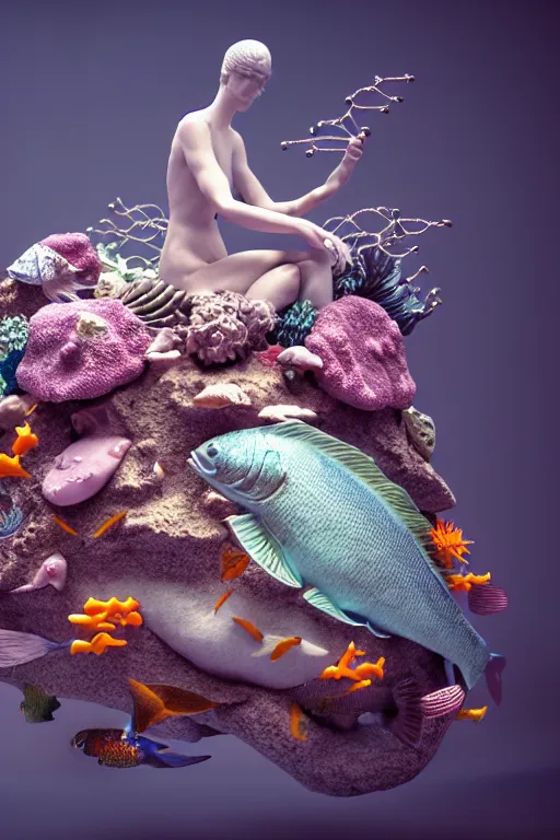 Image similar to a sculpture of fish ocean intertwined, diode lighting, a lovely cornucopia of flowers and human body parts, body parts, highly detailed, octane render, cinematic, sharp focus, clean, studio lighting