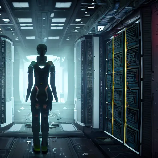 Image similar to anthropomorphic cyborg working in sci - fi server room. cinematic shot from alien isolation