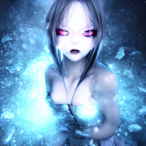 Image similar to photorealistic full body shot of masterpiece!! angry darkness android anime girl!!, beautifull lovely eyes, electric aura with particles, snowing frozen ice, darkness background, inspired by tim burton, detailed, unreal engine 4 k, volumetric light, fog