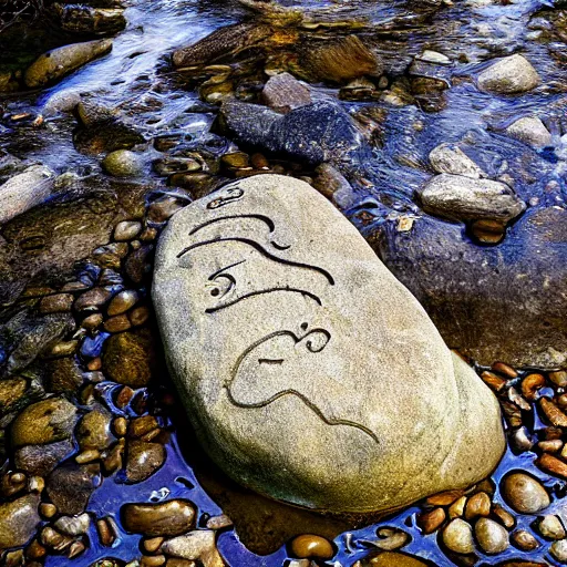 Prompt: detailed carving hunger stones in a river, photographic journalism, realistic, european river, ancient writing