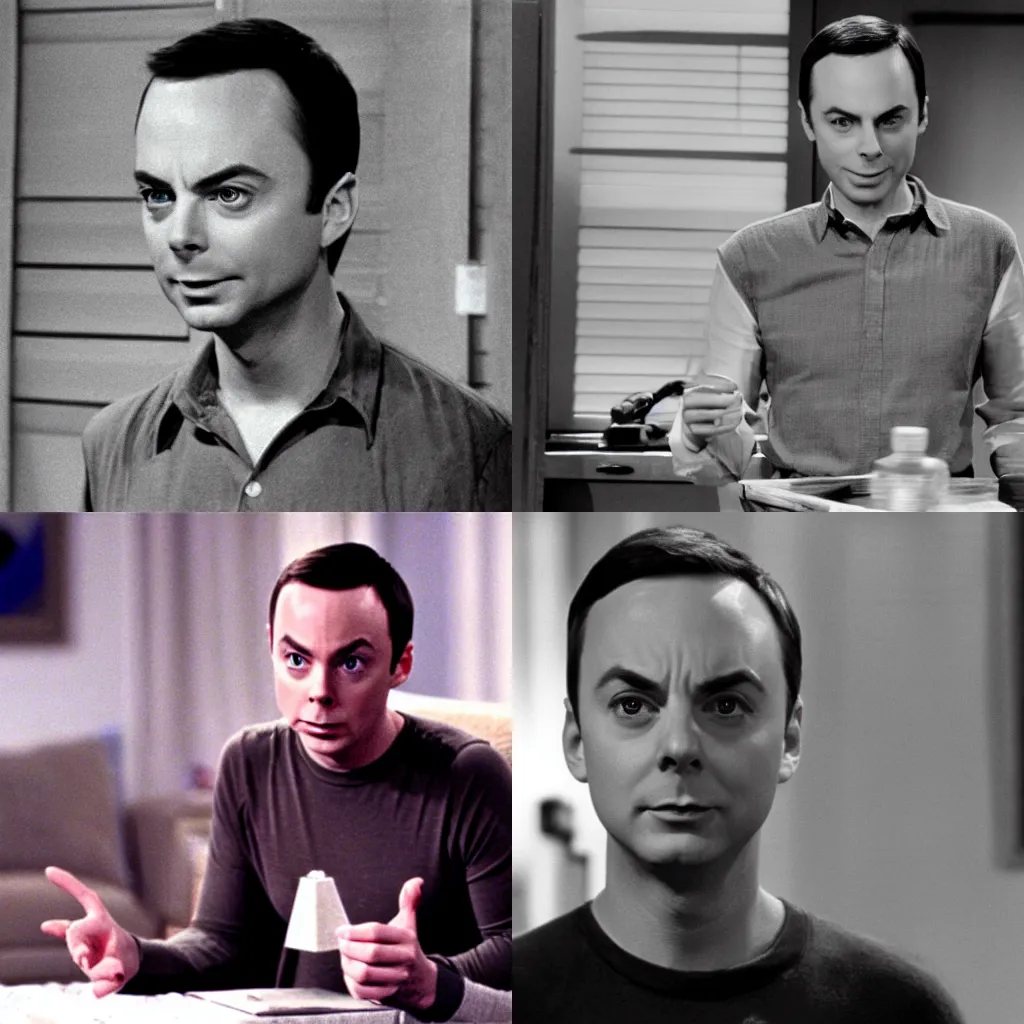 Prompt: still of Sheldon Cooper in a 1970 movie, old movie, grain effect