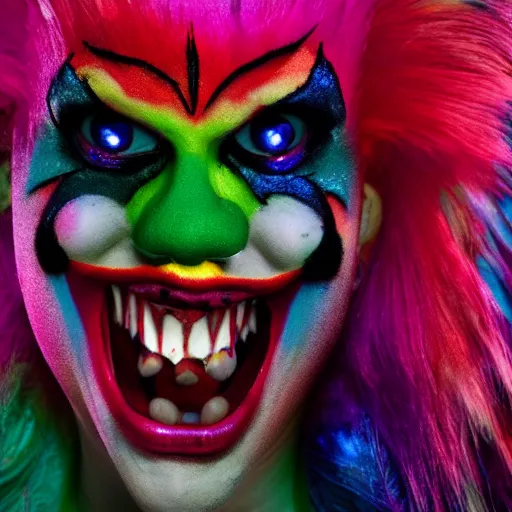 Prompt: psycho clown fairy, bleeding wings colors, cinematic lighting, various refining methods, micro macro autofocus, ultra definition, award winning photo