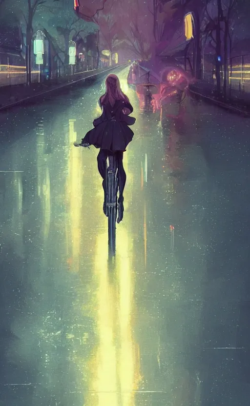 Image similar to a beautiful illustration of a woman riding a bicycle in a rainy night, fiery particles, anime aesthetic, midnight theme, depth of field, bokeh, composition study, featured on artstation, by art by artgerm and greg rutkowski and alphonse mucha, vertical orientation