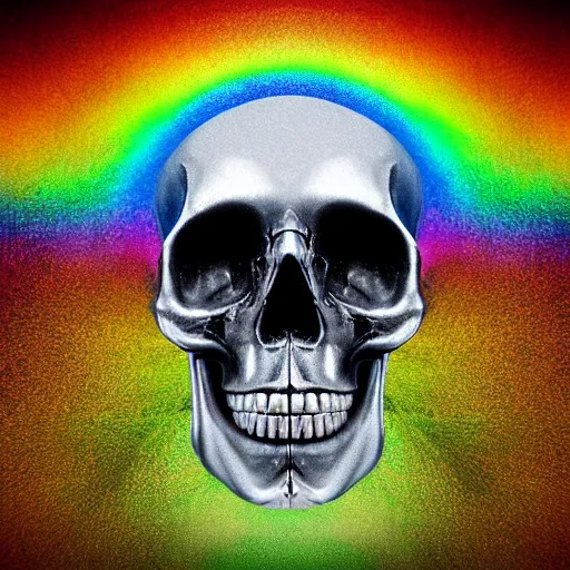 Prompt: portrait of a skull made of crystal with golden teeth, digital art, 4k, rainbow reflection