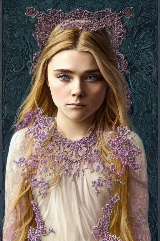 Prompt: a full body art nouveau portrait of a 16-year old girl who resembles Chloe Grace Moretz and Saoirse Ronan with a worried, intense gaze, wearing sheer silks and ornate intricate iridescent mother-of-pearl jeweled armor, intricate, elegant, highly detailed, digital painting, artstation, concept art, smooth, sharp focus, illustration, art by John William Waterhouse and William Adolphe Bouguereau and Donato Giancola and Alphonse Mucha