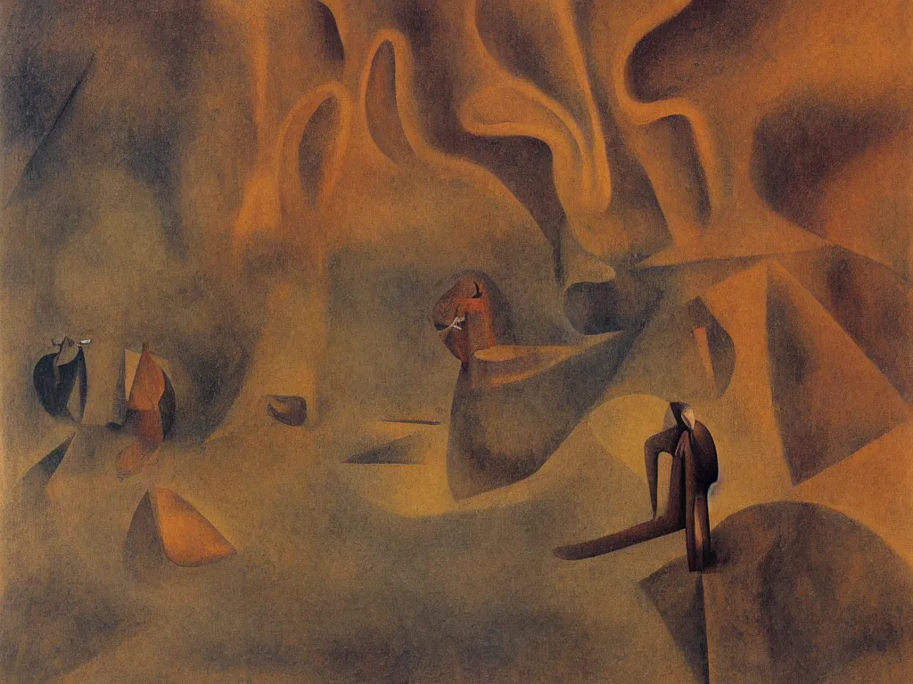 Image similar to scene with figure in the desert. painting by remedios varo