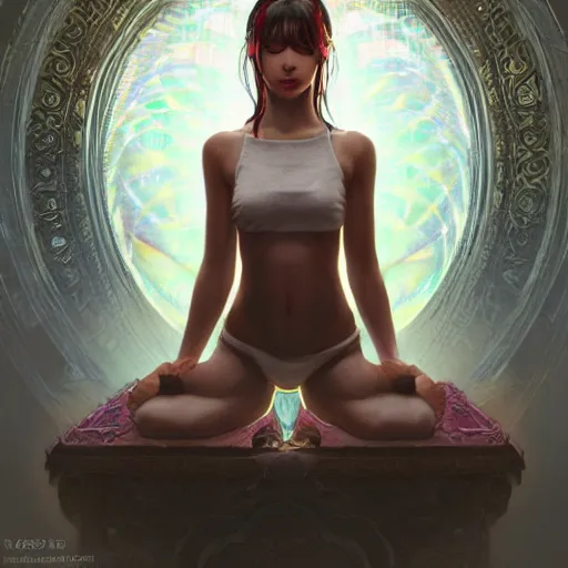 Image similar to Art station concept of a beautiful girl kneeling in front of a religious shrine, Hypnosis, Trance, symmetrical face, smooth body features, by Stanley Artgerm Lau, WLOP, Rossdraws, James Jean, Andrei Riabovitchev, Marc Simonetti, and Sakimichan, trending on artstation