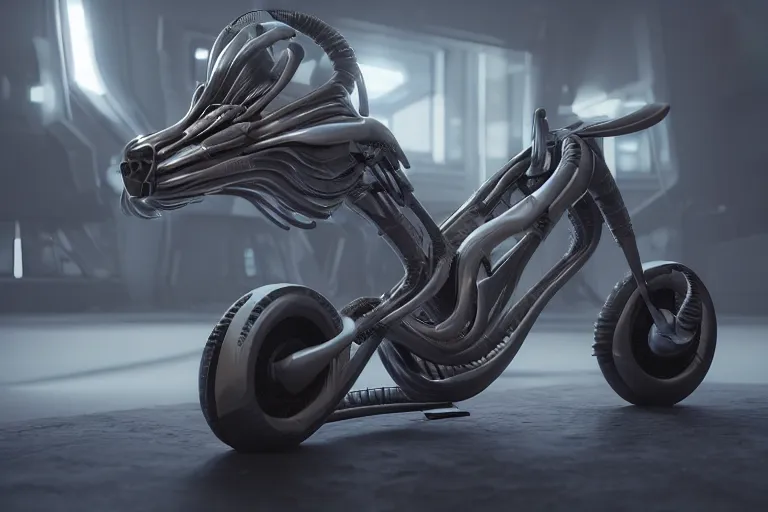 Image similar to cyberpunk alien concept inspired bike, futuristic look, highly detailed body, very powerful, photorealistic camera shot, bright studio setting, studio lighting, crisp quality and light reflections, unreal engine 5 quality render