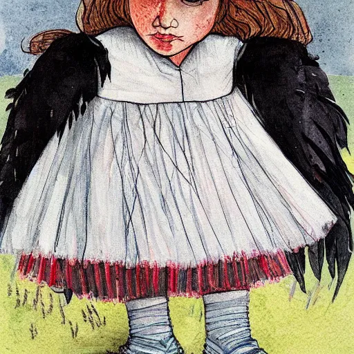 Prompt: little girl wearing an dress made of black feathers, art by ilya kushinov