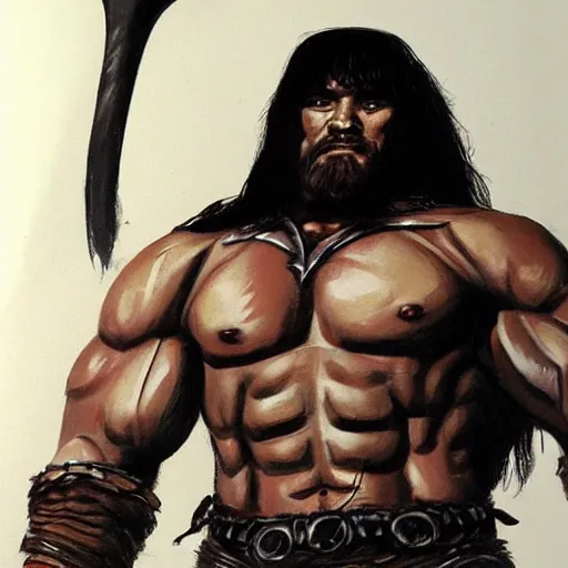 Image similar to concept art conan the barbarian doing bicep curls with heavy weight