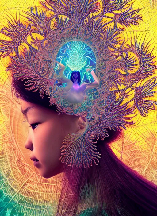 Prompt: ridiculously beautiful young asian woman tripping, coral and light fractals radiating from head with sacred geometry, cosmic, natural, awakening, symmetrical, in the style of ernst haeckel, effervescent, warm, photo realistic, epic and cinematic