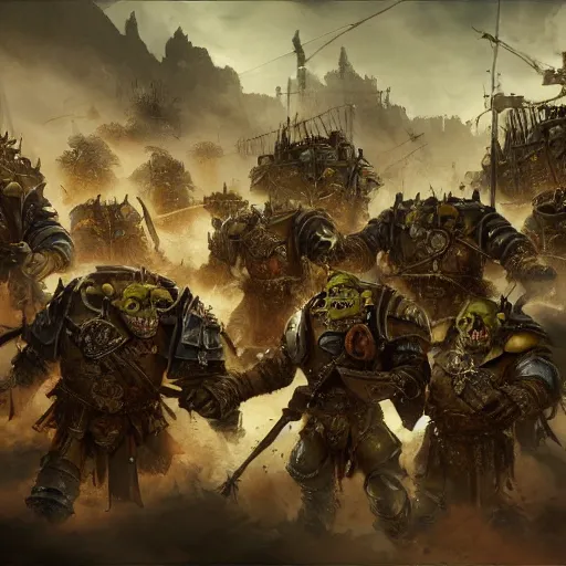 Image similar to Soldiers from the Holy Roman Empire fight Orks in Warhammer Fantasy, by Cedric Peyravernay, highly detailed, excellent composition, cinematic concept art, dramatic lighting, trending on ArtStation