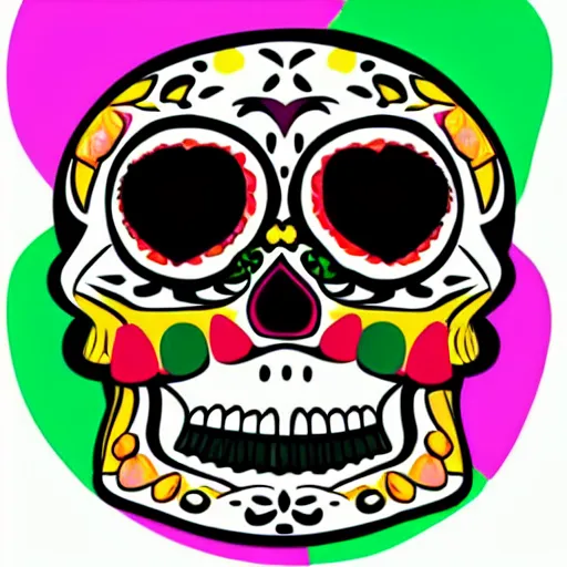 Image similar to cute cartoon drawing of a mexican skull, dia de los muertos, big head, big eyes, skull head, vector illustration, style of disney animation