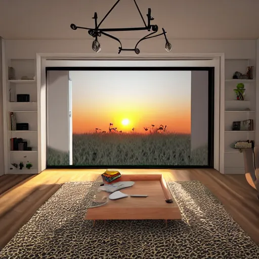 Image similar to living room at sunset, from an ants point of view, digital art