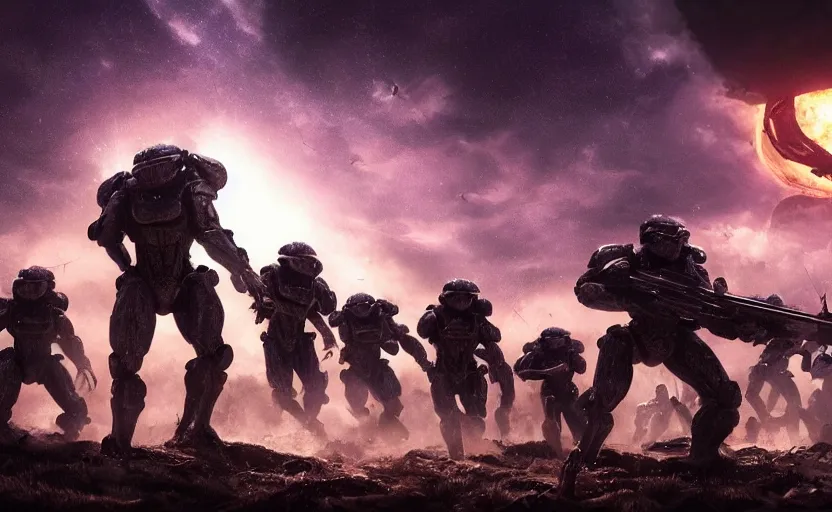 Prompt: an epic extraterrestrial battle on earth, in the style of starship troopers, epic scene, extremely detailed masterpiece, extremely moody lighting, glowing light and shadow, atmospheric, shadowy, cinematic, god lighting