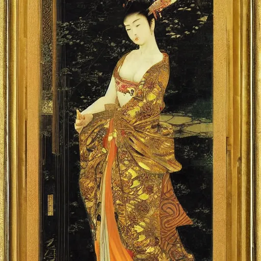 Prompt: a queen in a gold dress, ancient, japanese art, oil painting, otomo, amano, bouguereau, gustave moreau